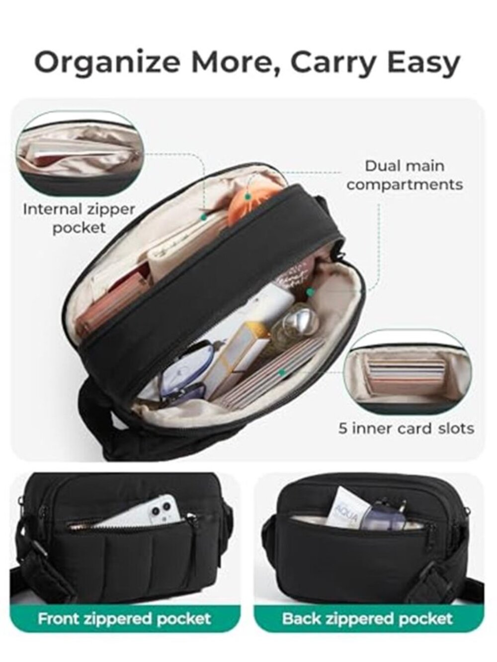 Puffy Nylon Crossbody Bag RFID Blocking Travel Shoulder Mini Tote Purse - Picture 6 of 6